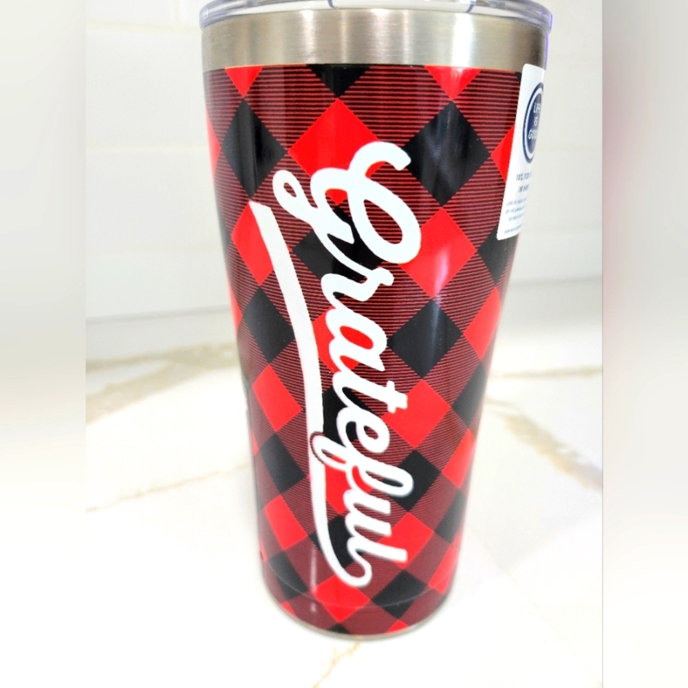 Life Is Good Gratful  Red and Black Plaid Tumbler 20 oz Made By Tervis
